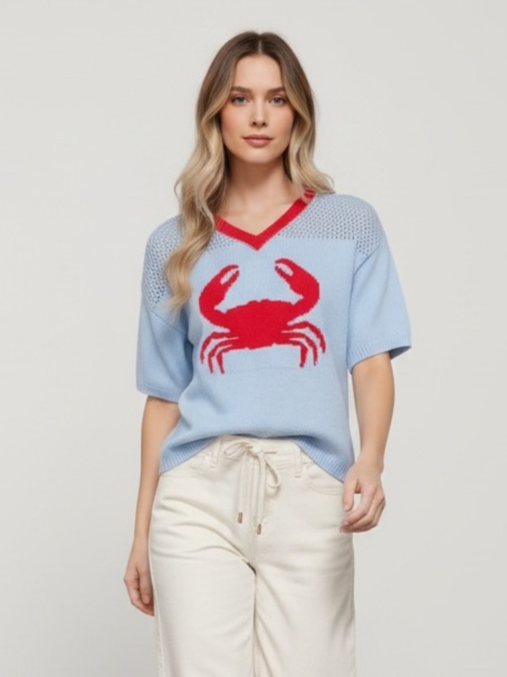 Light Blue Crab Intarsia V-Neck Knit Top